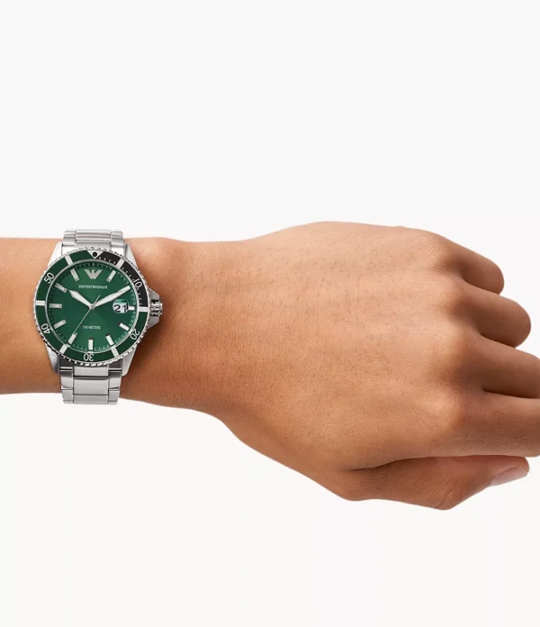 Emporio Armani Diver AR11338 Silver Stainless Steel Green Dial Quartz Watch for Men's