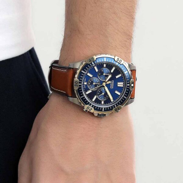 Fossil Garrett FS5625 Chronograph Blue Dial Brown Leather Strap Watch for Men's 44mm