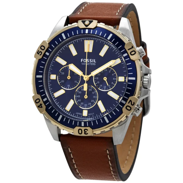 Fossil Garrett FS5625 Chronograph Blue Dial Brown Leather Strap Watch for Men's 44mm