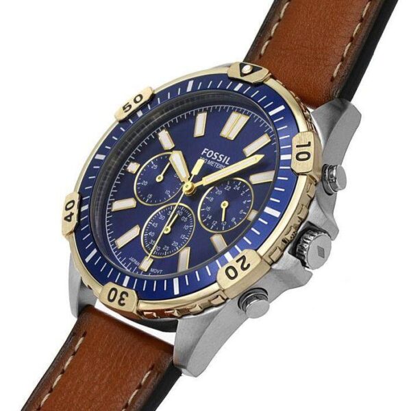 Fossil Garrett FS5625 Chronograph Blue Dial Brown Leather Strap Watch for Men's 44mm