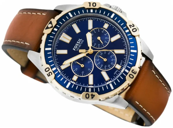 Fossil Garrett FS5625 Chronograph Blue Dial Brown Leather Strap Watch for Men's 44mm