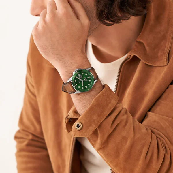 Fossil Dillinger Luggage FS5734 Leather Strap Green Dial Chronograph Quartz Watch for Mens 48mm
