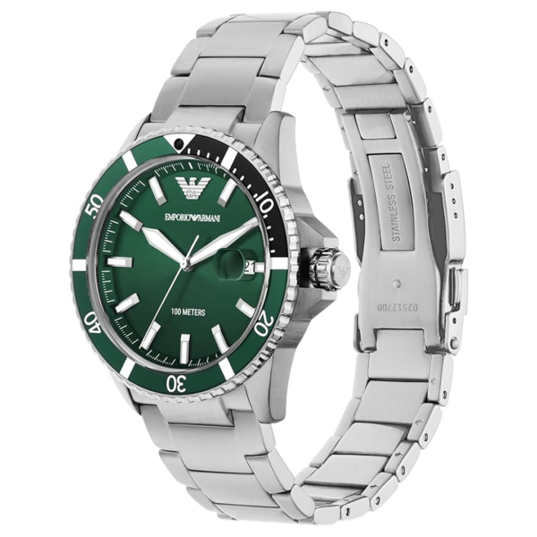 Emporio Armani Diver AR11338 Silver Stainless Steel Green Dial Quartz Watch for Men's