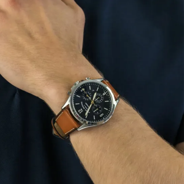 Fossil Forrester FS5607 Brown Leather Strap Blue Dial Chronograph Quartz Watch for Men's 46mm