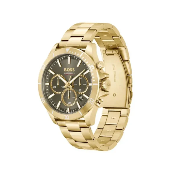 Hugo Boss Troper 1514059 Chronograph Green Dial Gold Steel Strap Watch For Men