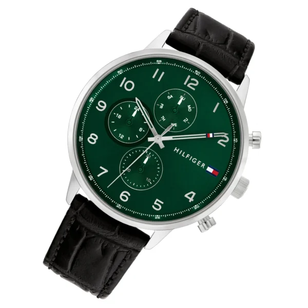 Tommy Hilfiger Leondale 1791985 Brown Leather Strap Green Dial Men's Multi-function Watch 44mm