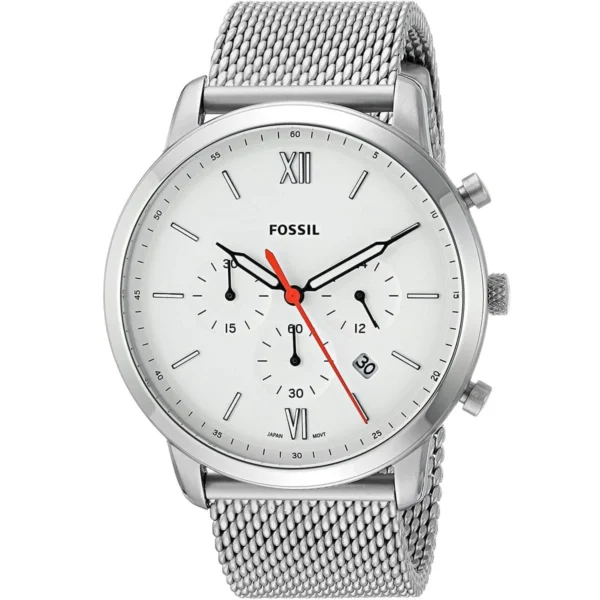 Fossil Neutra FS5382 Silver Mesh Bracelet White Dial Chronograph Quartz Watch for Mens 44mm