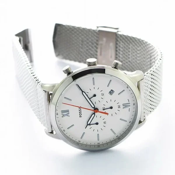 Fossil Neutra FS5382 Silver Mesh Bracelet White Dial Chronograph Quartz Watch for Mens 44mm
