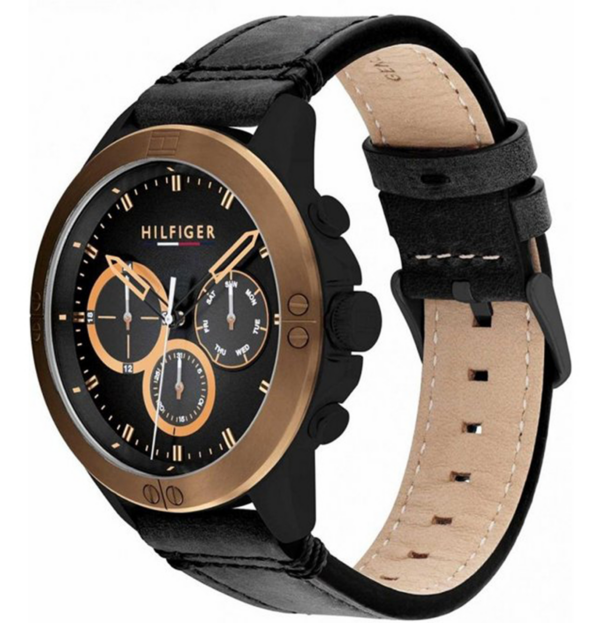 Tommy Hilfiger 1791893 Mens Black Stainless Steel Quartz Calender Black Dial Black Leather Strap Watch