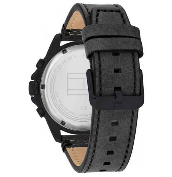 Tommy Hilfiger 1791893 Mens Black Stainless Steel Quartz Calender Black Dial Black Leather Strap Watch